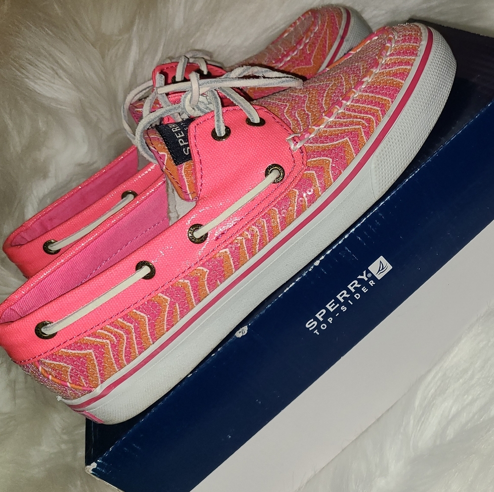 Woman's Sperry Shoes Hot Pink & Orange Zebra Print Bright Slip Ons 7.5 Tennis